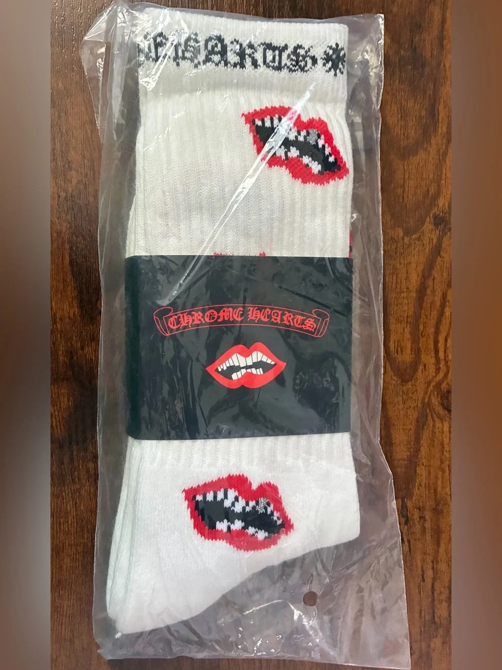Chrome Hearts Chomper White Graphic Crew Socks with Red & White Lip Motif